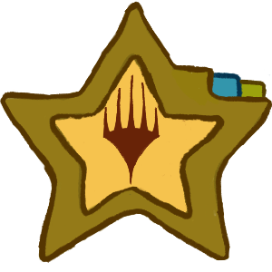  a star shaped folder with a yellow inside and darker yellow greenish outside with a tab of the same colour, a blue tab and a green tab with brown Magic: The Gathering symbol.